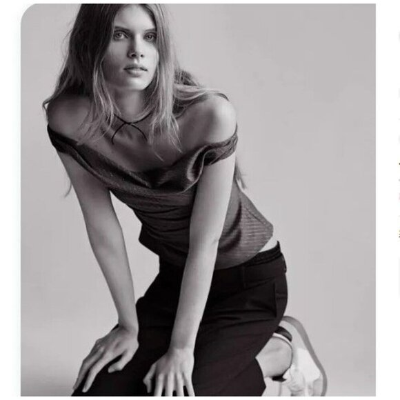 ZARA Grey Silver Pleated Off the Shoulder Pinstripe‎ Crop Top Small - Picture 1 of 14